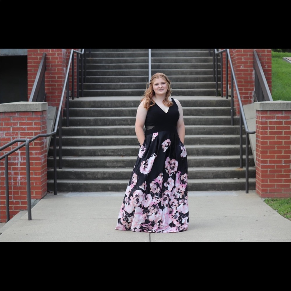 black prom dress with baby pink roses